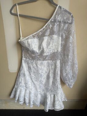 Angel Biba White One-Shoulder Embroidered Lace Mini Dress